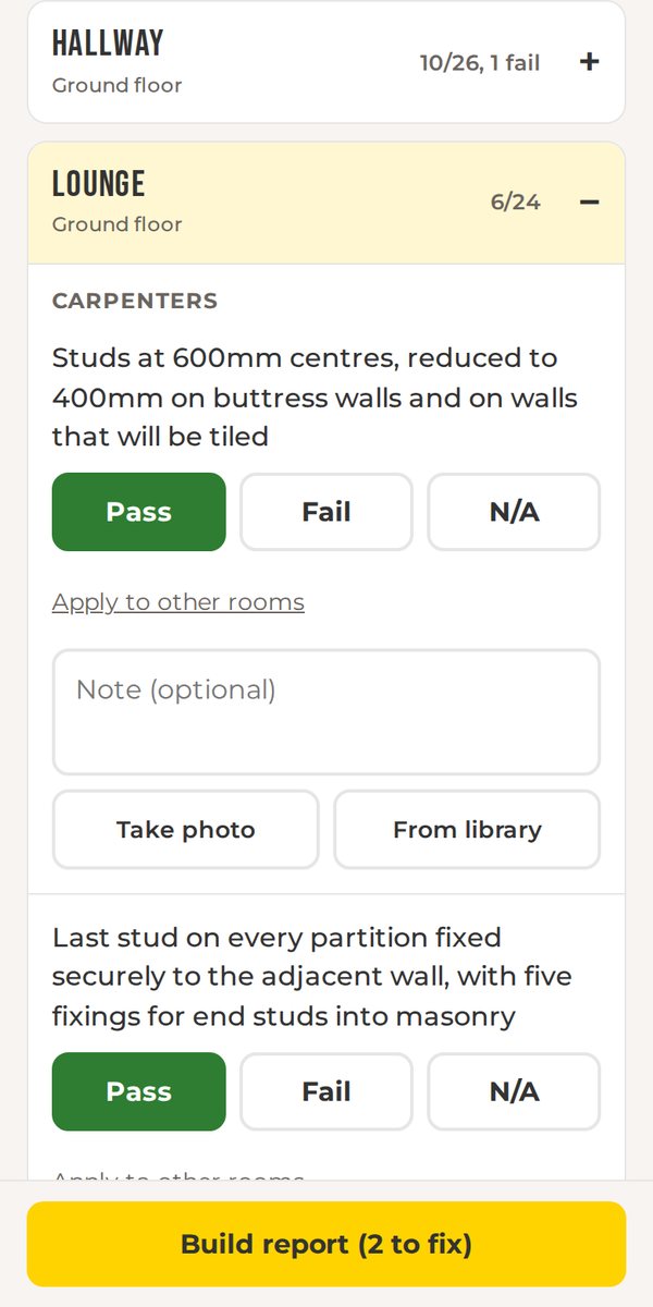 Site Check showing Pass, Fail and N/A buttons on a stud centres check