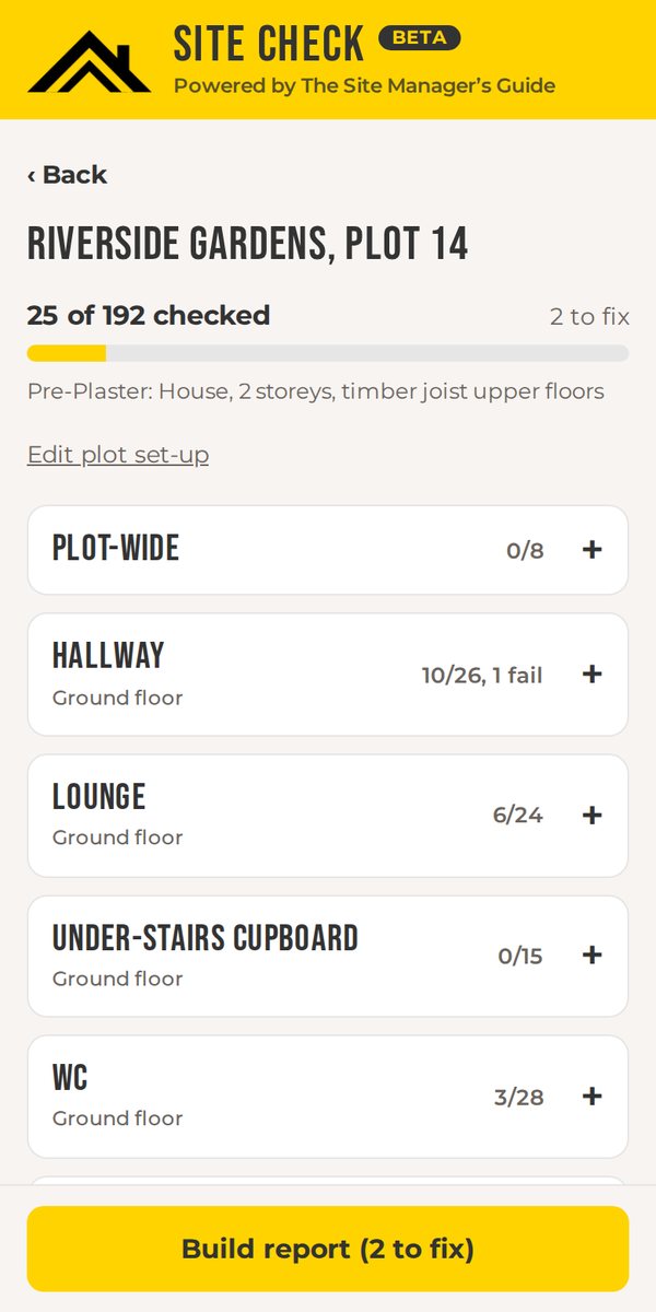 Site Check inspection screen showing rooms with progress counts