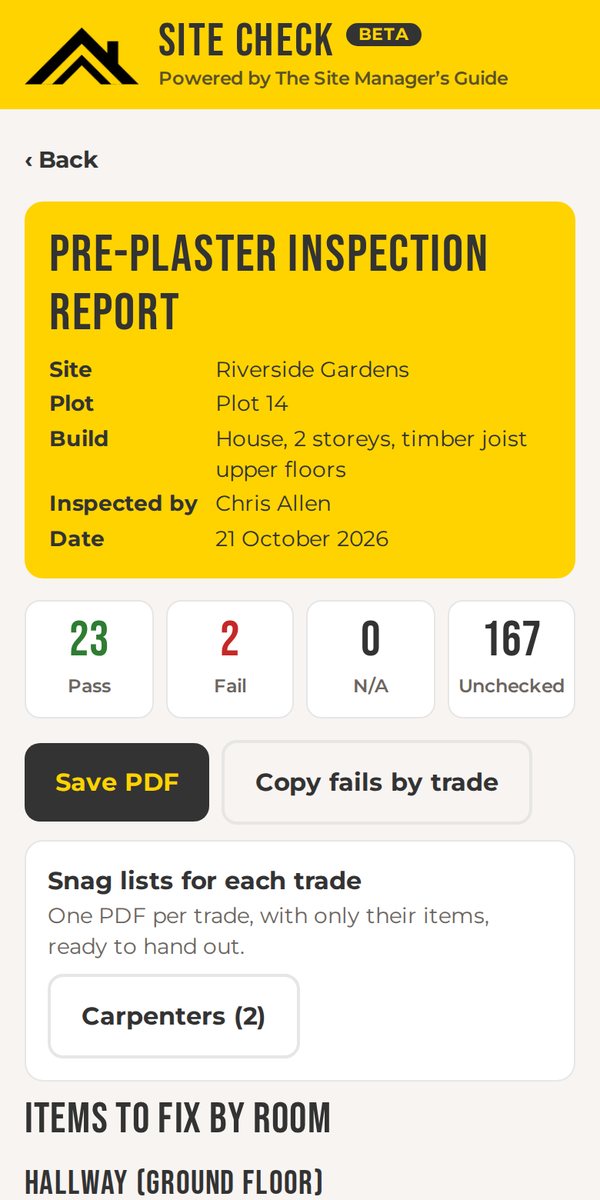 Site Check report screen with pass and fail totals and snag lists for each trade